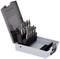 An open plastic case with various grinding attachments in different shapes for use with grinding devices.