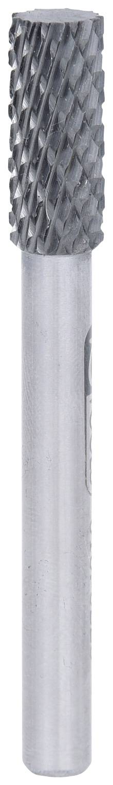 A cylindrical metal milling cutter with a fluted tip for machining materials such as metal or plastic.