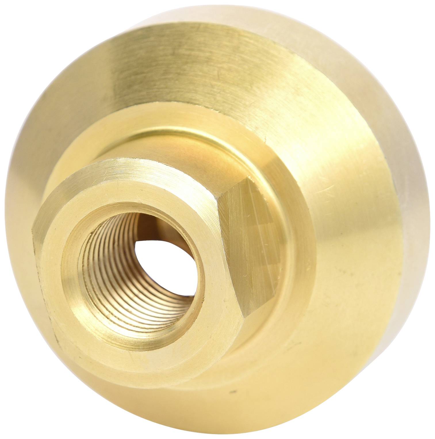 Brass threaded connecting element with internal thread, displays a smooth, cylindrical form with a hexagonal base for easy attachment.