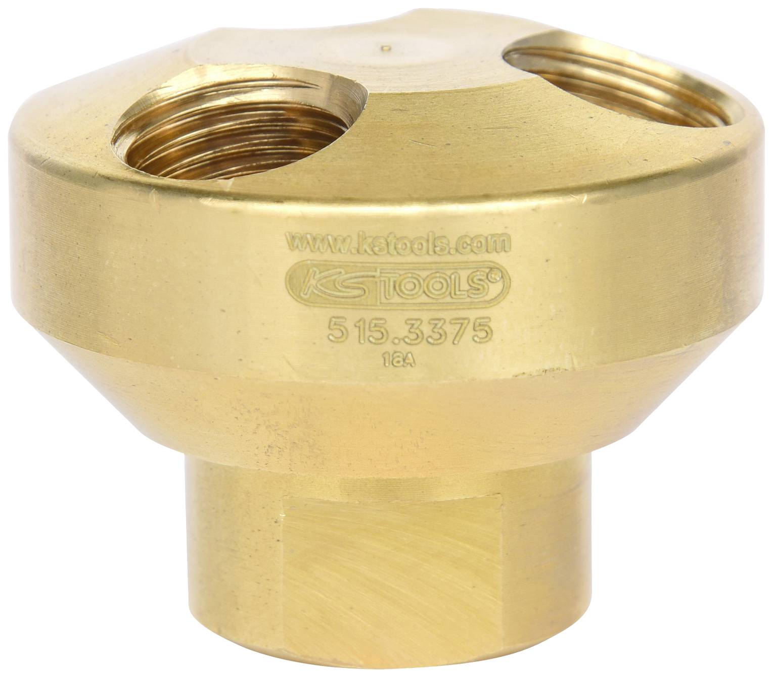 Brass distributor piece with three threaded holes and the inscription 'KSTOOLS 515.3375'.