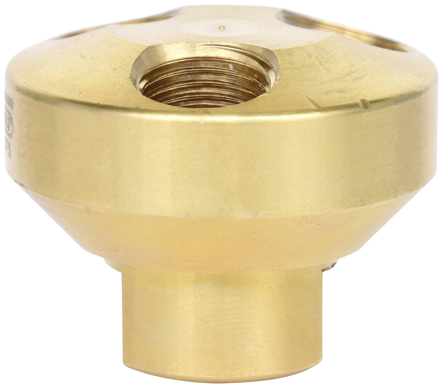 Gold-plated metal component with multiple threads, tapered in shape, potentially a mechanical or electronic connecting element.