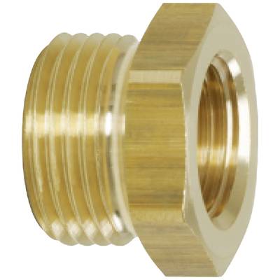 A golden brass hexagonal reducing nipple with external left-hand thread and internal right-hand thread, suitable for pipe connections.