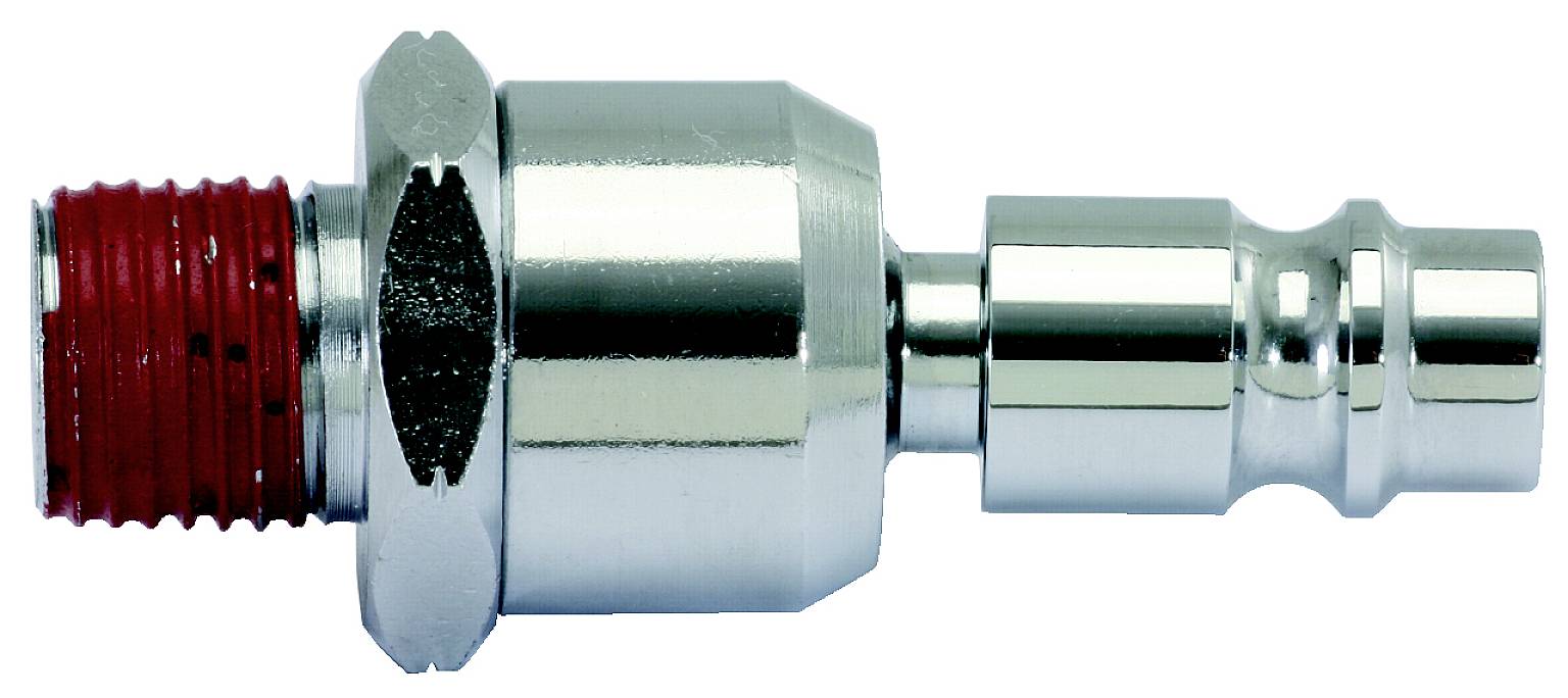 Metallic quick-release connector with red thread, likely for pneumatic systems. The connector has a cylindrical shape.