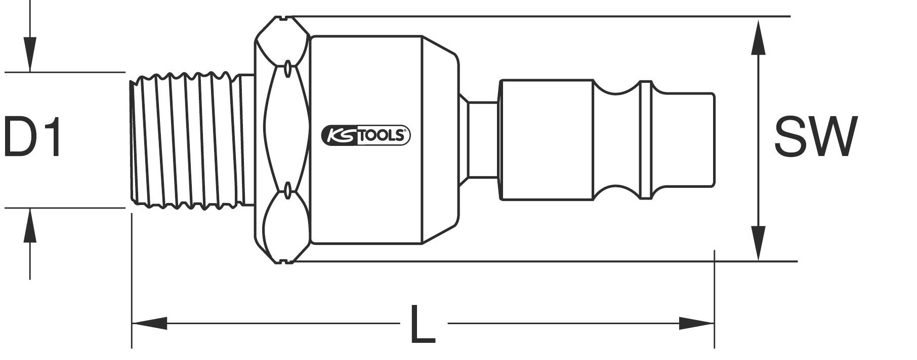 Technical drawing of an adapter with thread D1, length L, and spanner width SW, used for specialised tools.