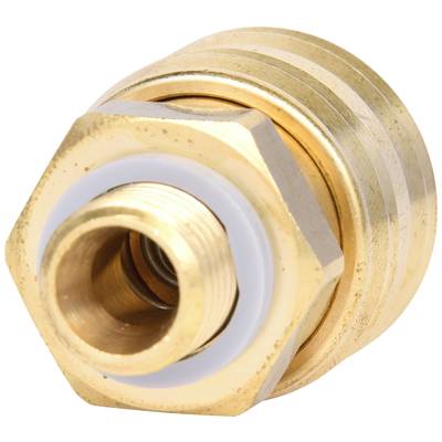 Brass threaded fitting with white sealing ring, cylindrical shape. Primarily used in plumbing or heating installations.