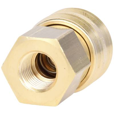 Brass connection nut with thread and hexagonal shape, used for water or gas installations.