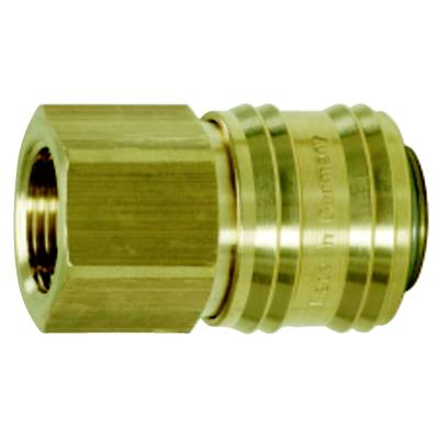 Brass quick-release coupling with hexagonal profile, suitable for compressed air and fluid lines. Marked 'Made in Germany'.