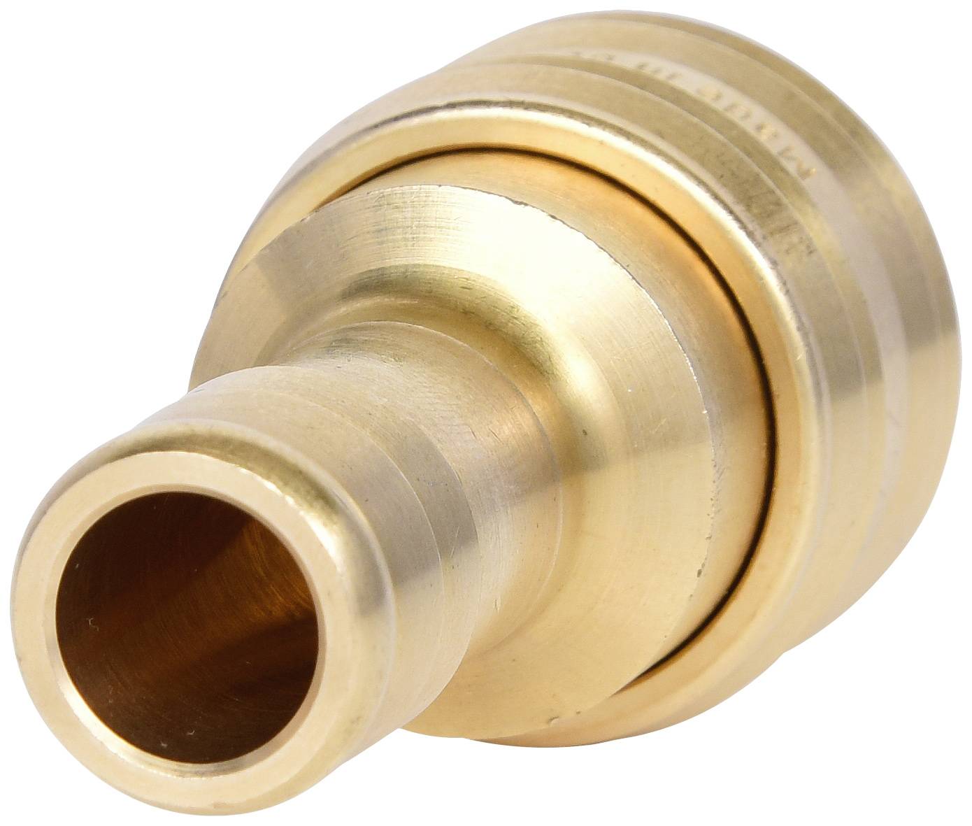 Brass connector with cylindrical outlet. Commonly used in plumbing installations or pipe systems for secure connections.