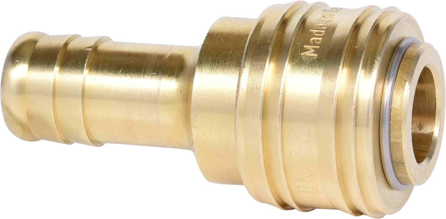 Brass quick-release coupling with a hose connection on the left side and a round connector on the right side.