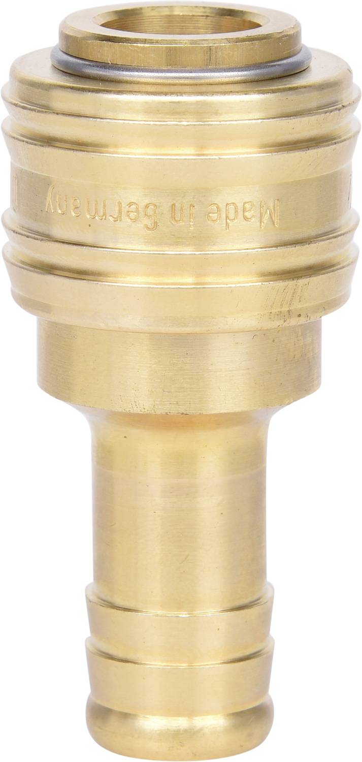 Brass quick-release coupling with male hose connector. Top surface engraved with 'Made in Germany'. Used for hose connections.