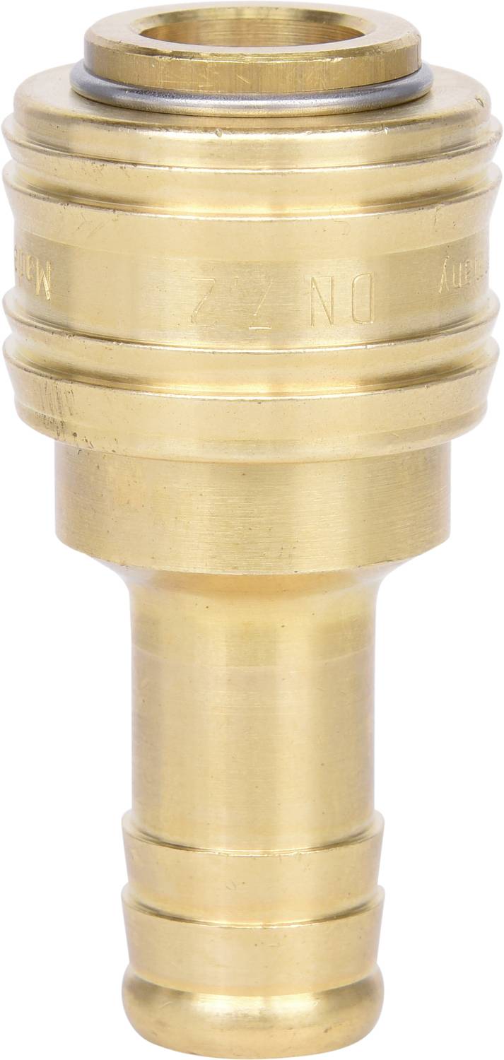 A brass hose connector with multiple rings and a narrower end for attaching to a hose.