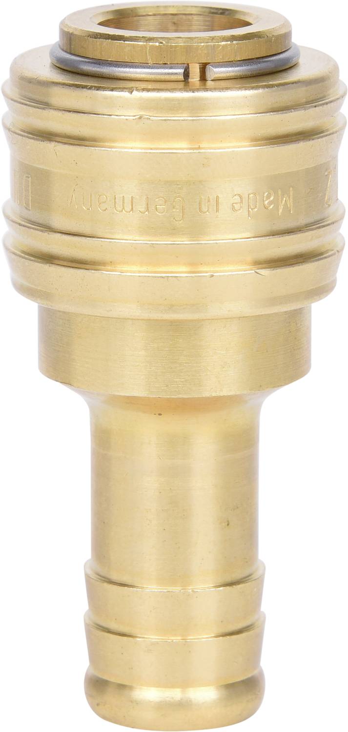 Brass hose coupling isolated on a white background. Upper section with ridged edge for secure connection.