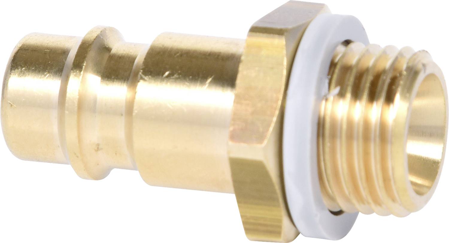 Brass cylinder with threaded screw and seal, suitable for connecting to hoses or pipes.