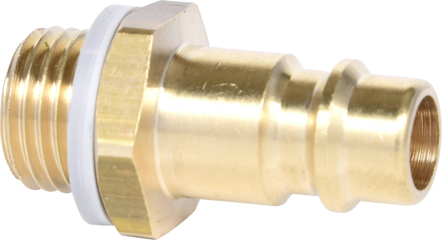 Brass hose connection fitting with thread and sealing ring, suitable for pipe systems or hose connections.