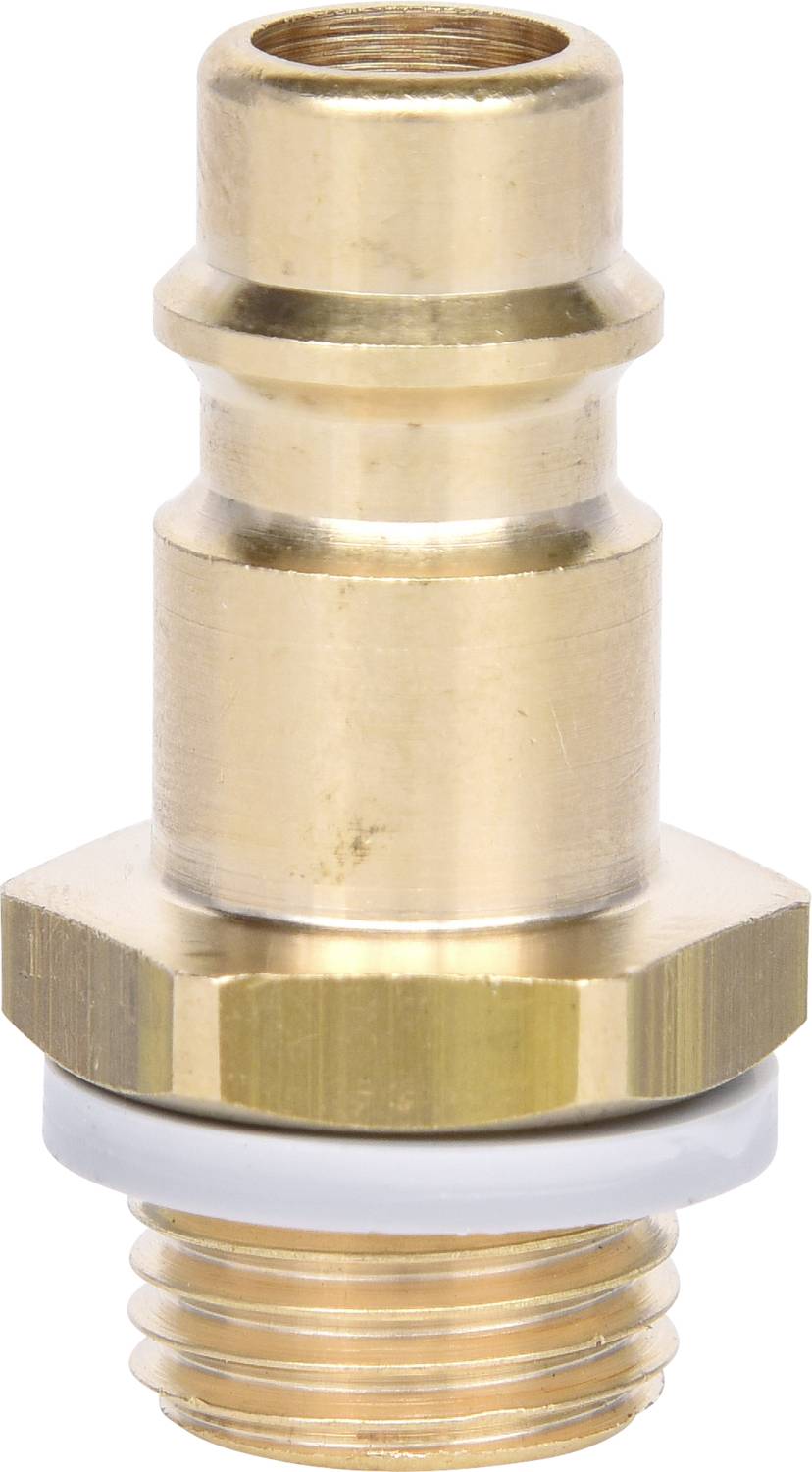 Brass hose connector with thread and seal, for connecting hoses in hydraulic systems.