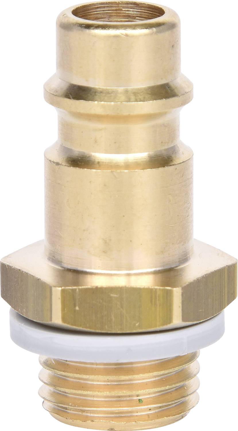 Brass hose connector with thread and seal, used for securely connecting hoses in hydraulic applications.