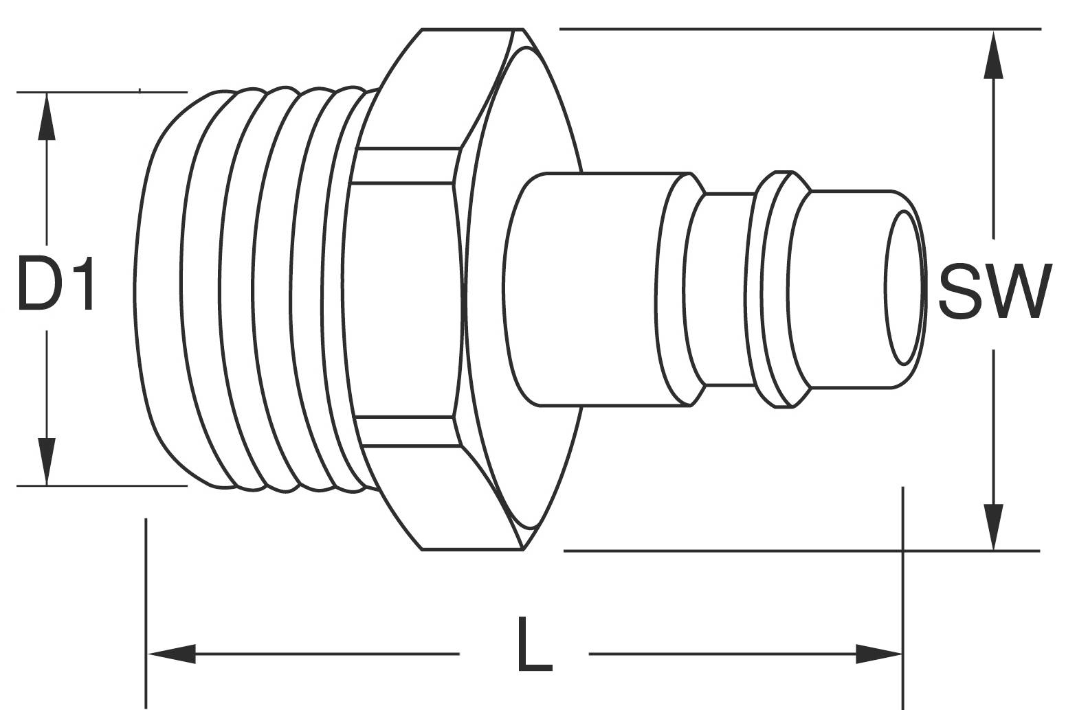Technical drawing of a hose nipple with dimensional specifications: diameter (D1), length (L), spanner width (SW).