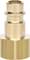 Brass-coloured metal connector with a wide hexagonal base. Used for compressed air connections in workshops.