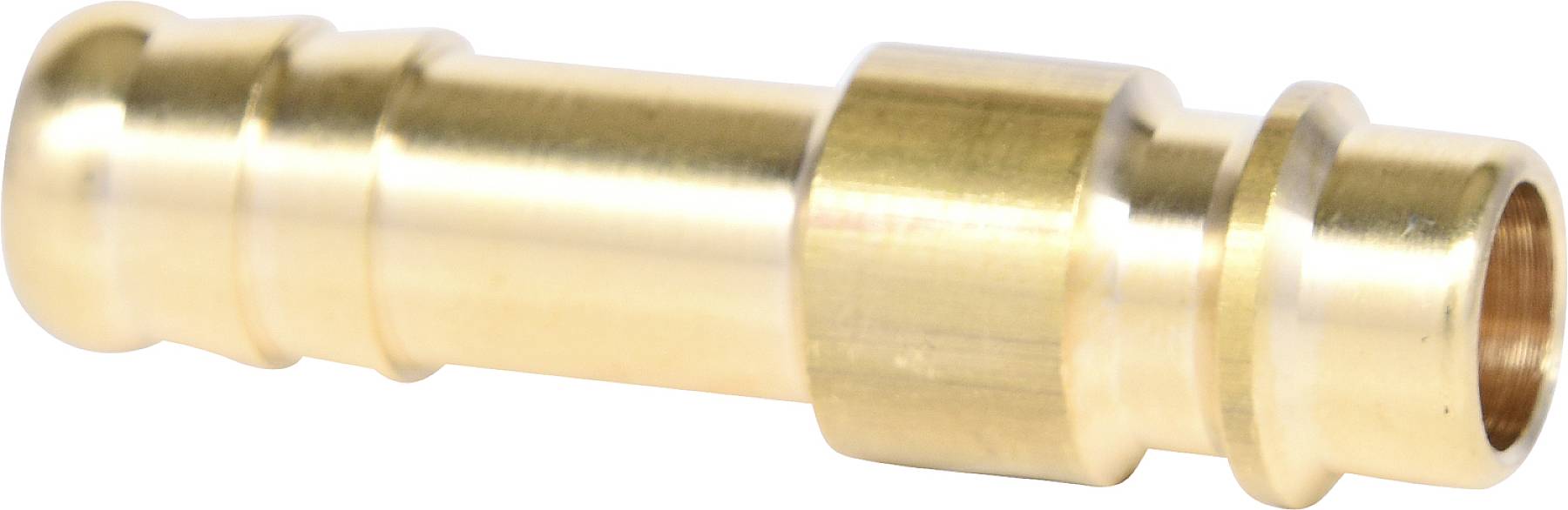 Brass hose connection with a smooth surface and two grooves at the left end, suitable for secure connections in hydraulic systems.