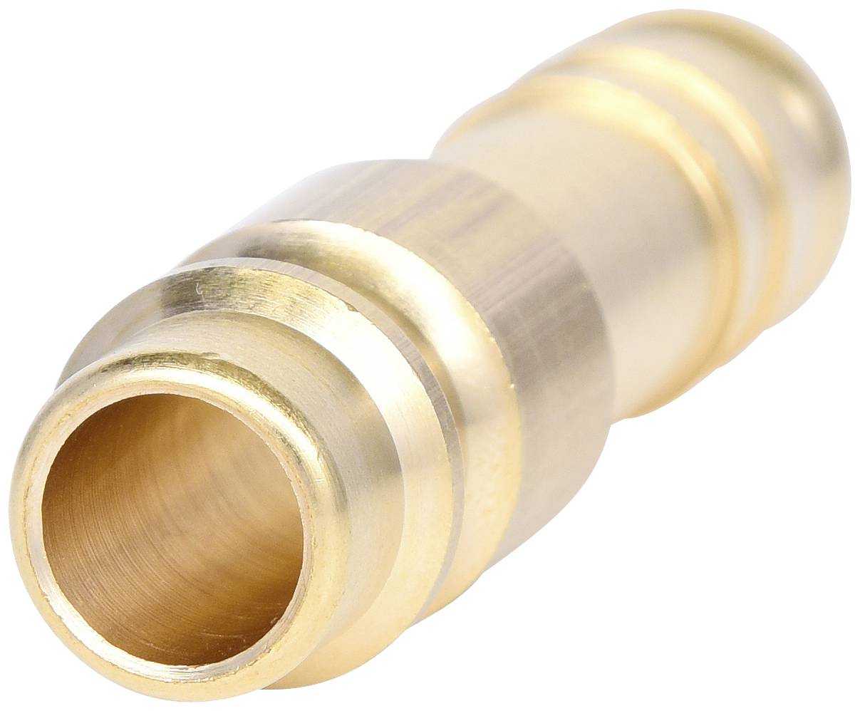 Brass connection fitting with a cylindrical shape, smooth surface, and two grooves for securing to pipe systems.