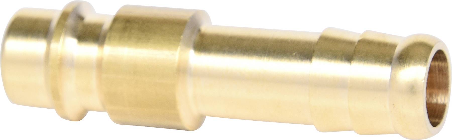 Brass hose connection with multiple grooves and a straight pipe section, suitable for connecting hoses.