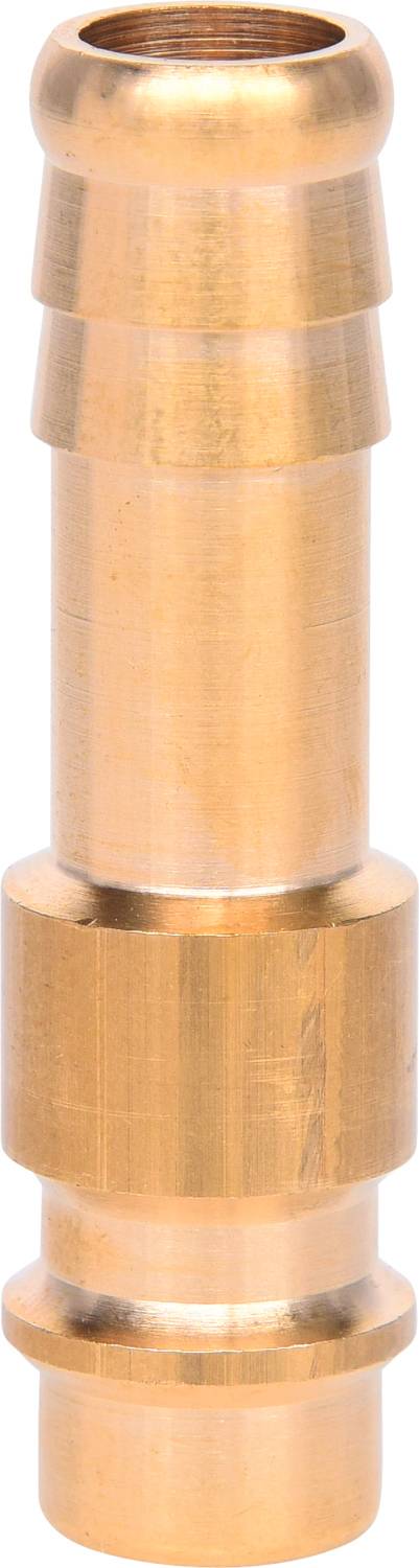 Brass connection with a ribbed end, cylindrical in shape, suitable for hoses or pipe connections.