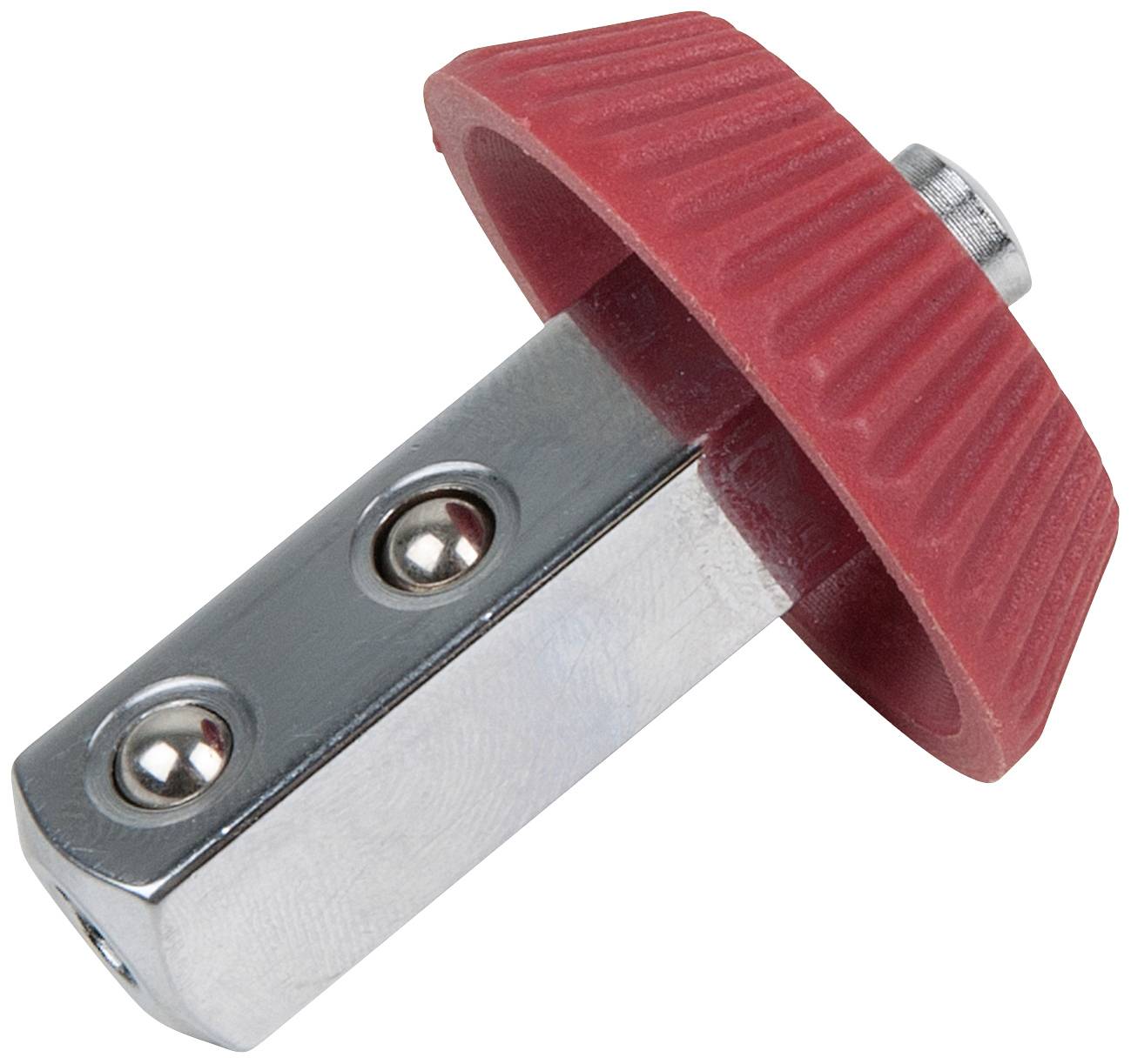 Metal part with a rectangular base and a red, ribbed plastic handle. Used for fastening or adjustment in machinery.