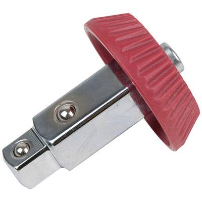 A silver adapter with a red rotary knob.