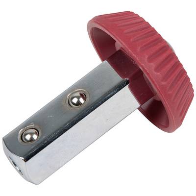 A silver metal component with a red plastic handle. The item has two screws and appears to be a tool or piece of equipment.
