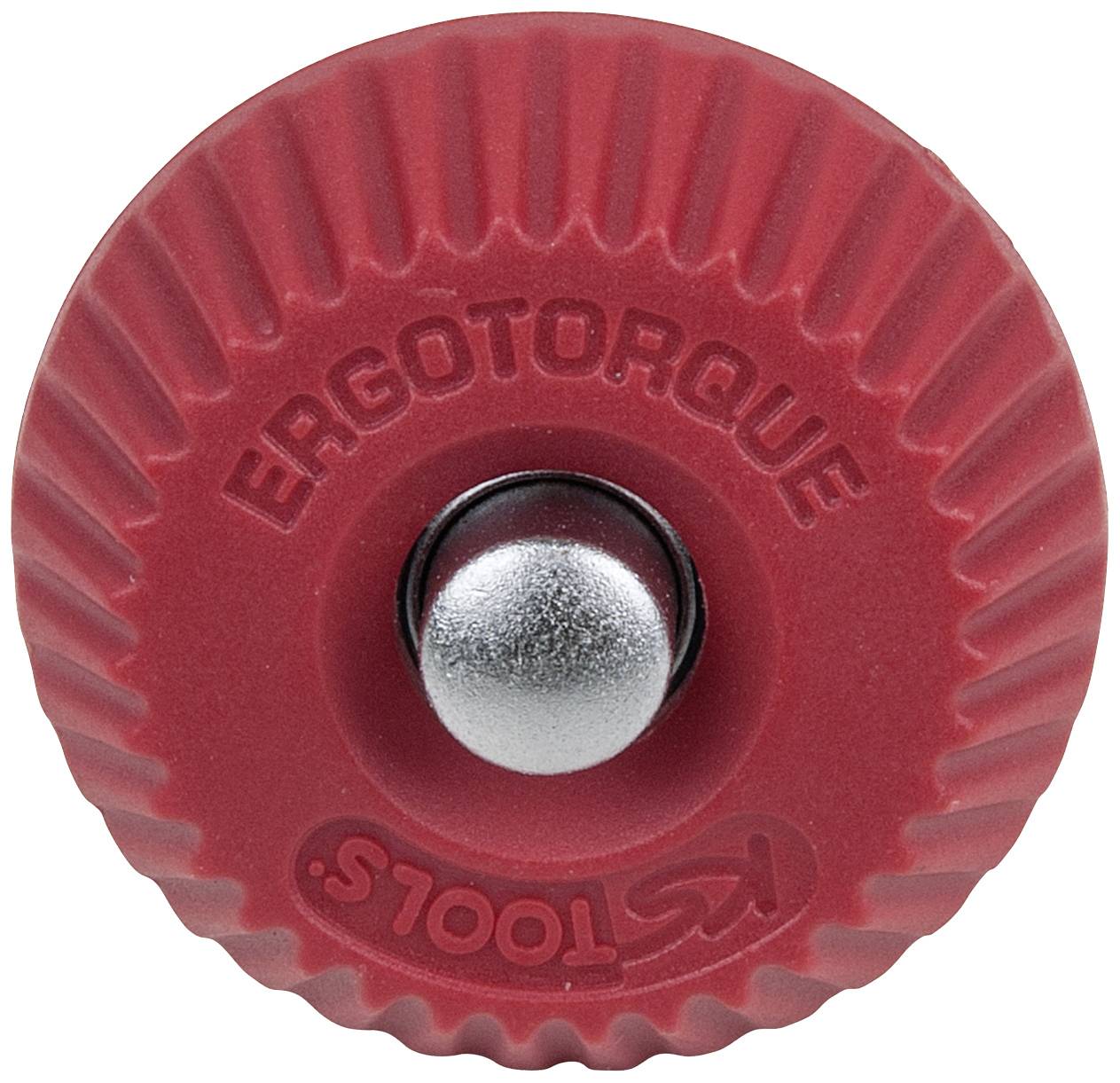 Red rotary knob with knurled edge, inscription 'ERGOTORQUE' and 'KS TOOLS'; central metal button for operation.