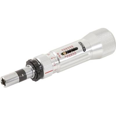 A silver torque wrench with a scale for measuring newton metres. Used for precise tightening control of bolts.