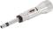 Metal torque wrench, cylindrical in shape, with an adjustable scale in the middle, a screw attachment at the front, silver in colour.