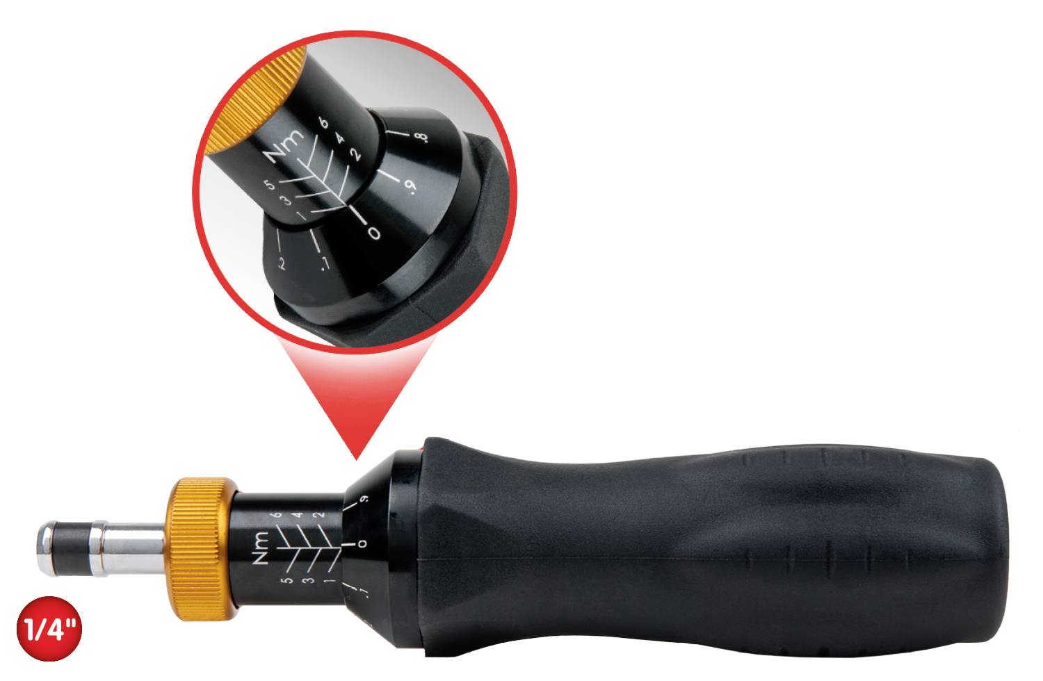 Black torque wrench with orange accents, showing a close-up of the torque scale in newton-metres (Nm), 1/4 inch drive.