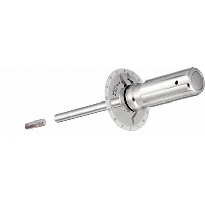 Metallic, cylindrical instrument with a scale, used in engineering or measuring technology. To the left of the instrument is a small metal plug.