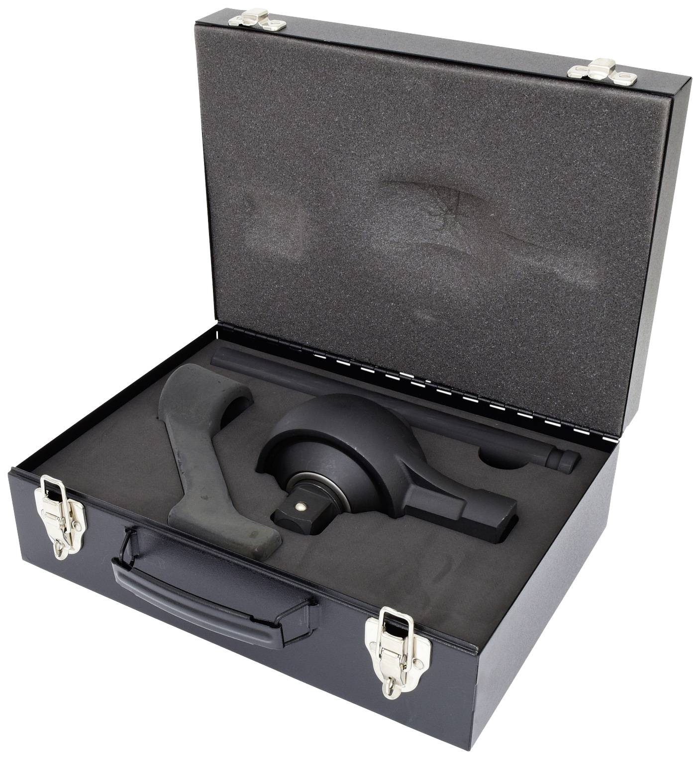 A black tool case, opened, reveals a blackened interior with specific tools nestled in precisely fitted recesses.