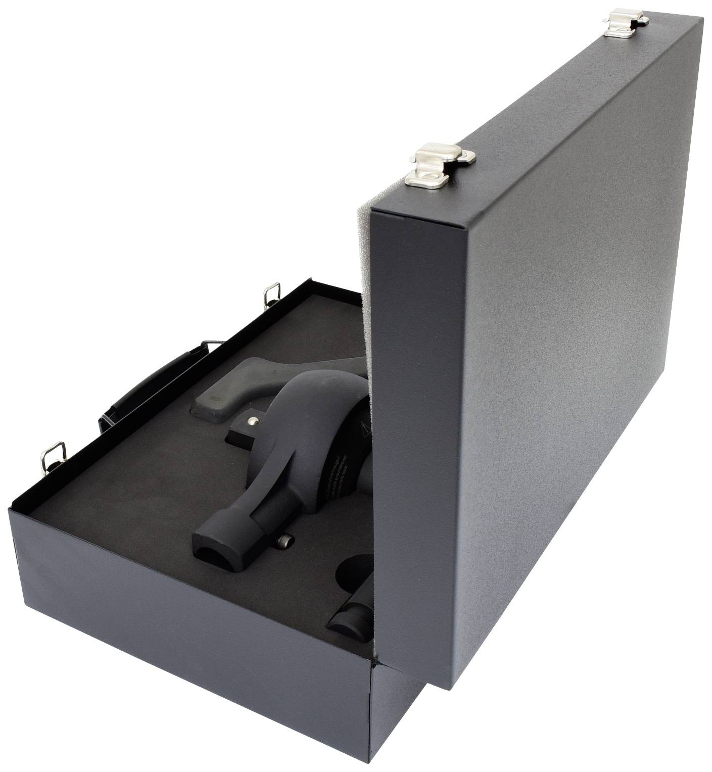 A black suitcase on a white surface, open and containing a device nestled in foam.