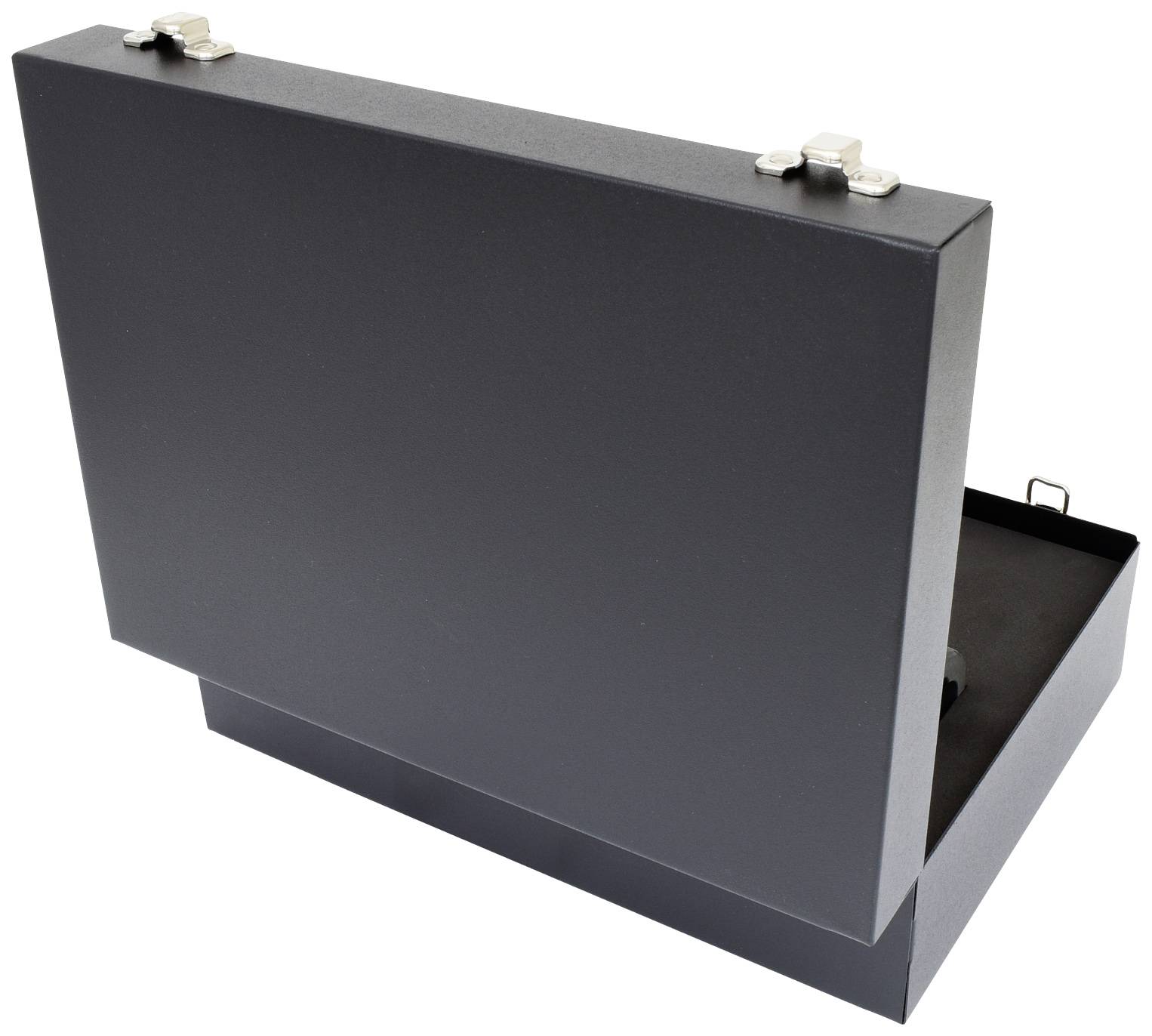 A black, open briefcase with metallic latches, slightly revealing its interior.