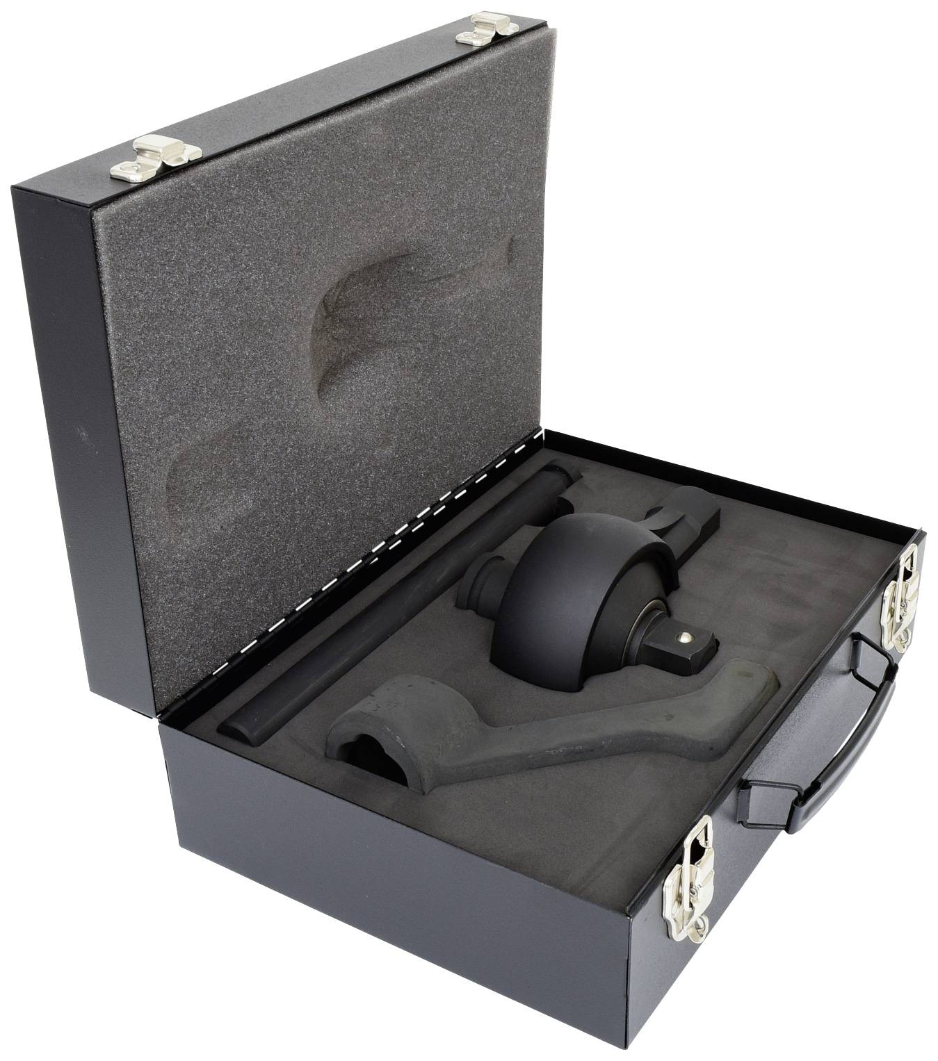 Open black suitcase with moulded foam interior, containing a black holder and rods for presentation or mounting.