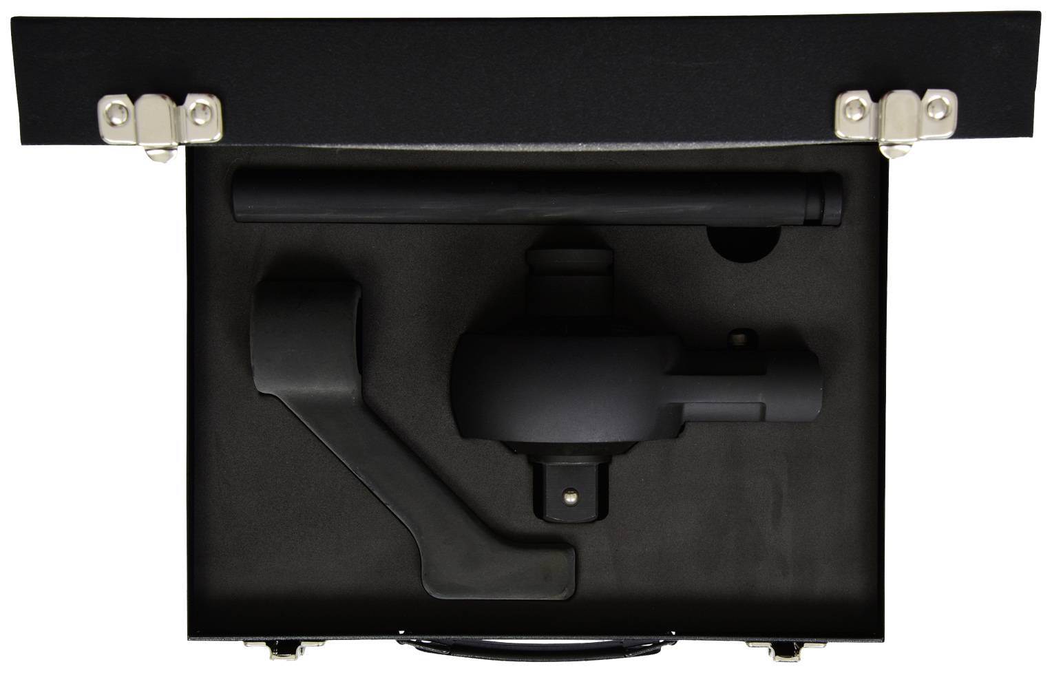 'Black case with foam interior lining, which securely holds a black handle and a cylindrical object.'