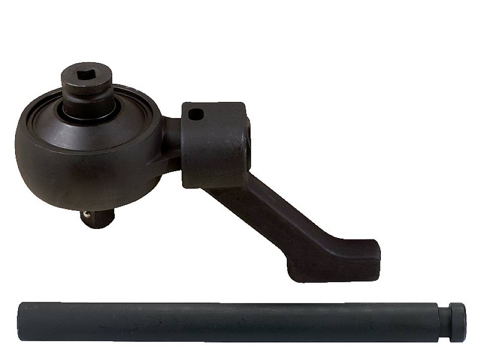 A black mechanical lever with a handle bar, presumably part of a tool or machine.