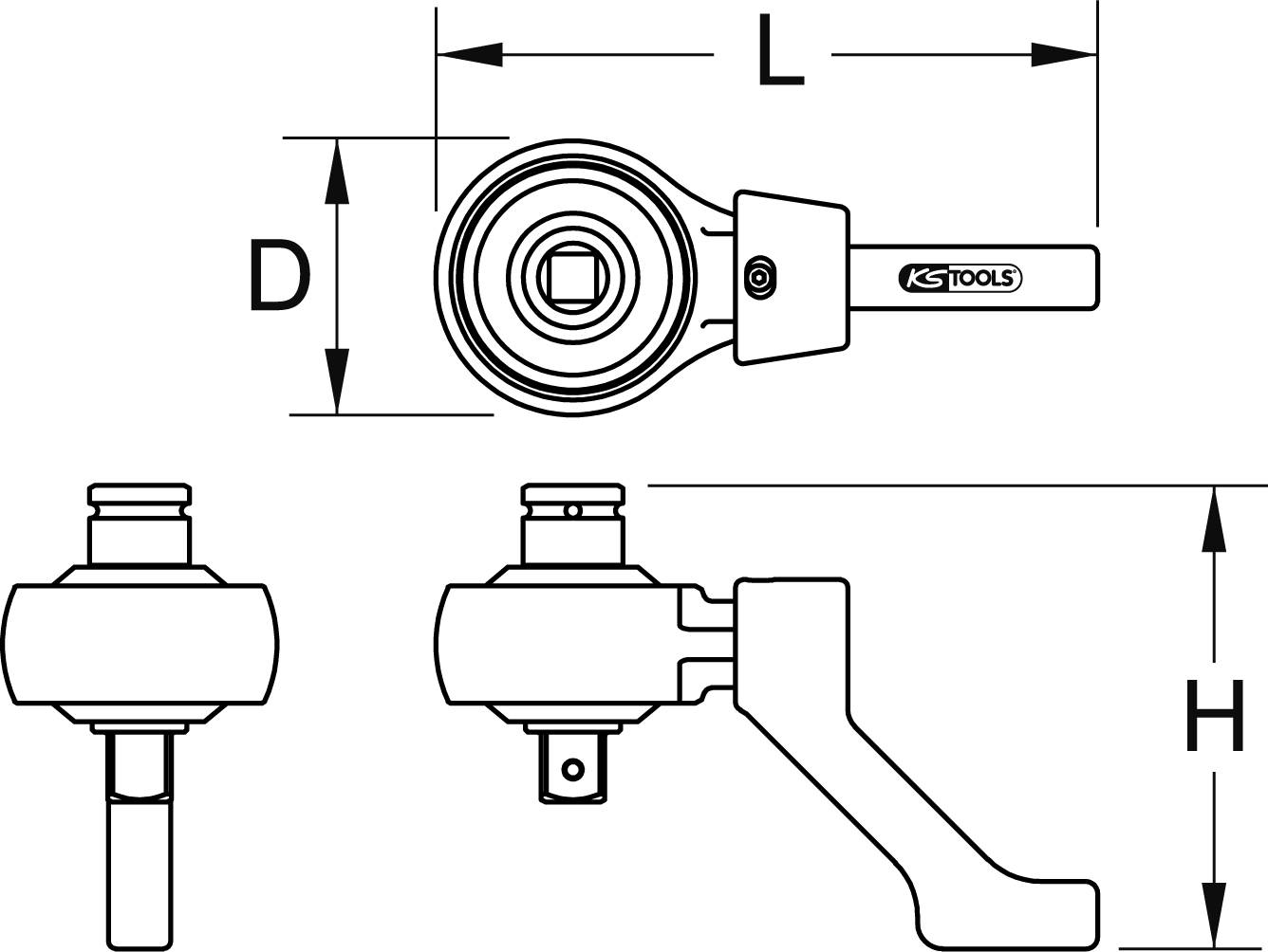 Schematic diagram of a ratchet tool by KS Tools with marked dimensions D, L and H. Shows side, front and top view.