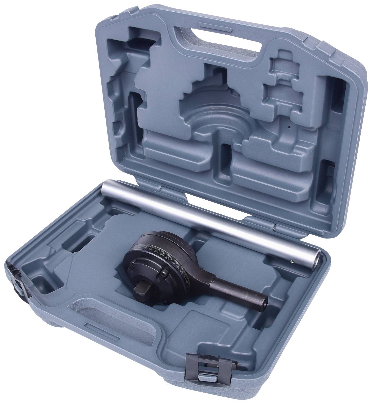 A torque wrench in an open, blue plastic case with special holders for the tool.
