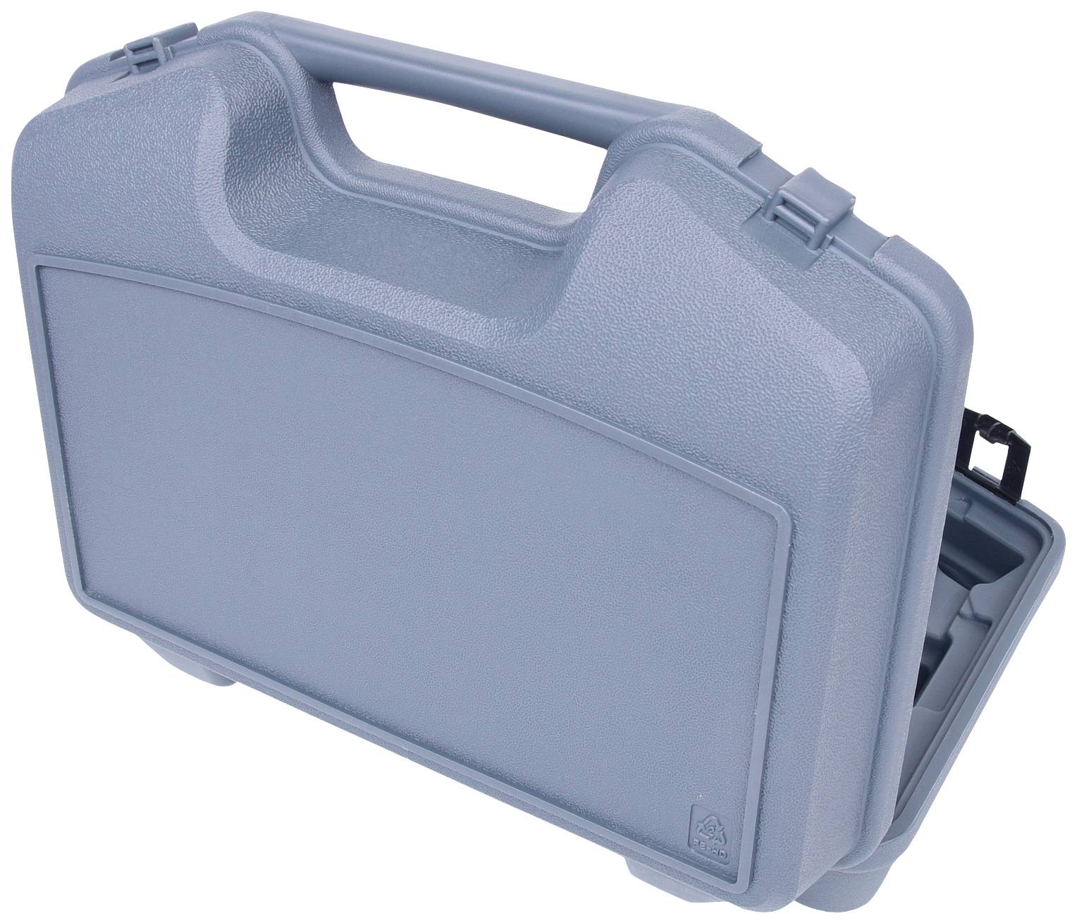 Grey, closed plastic case with handle. The case is rectangular and appears sturdy for the secure transportation of items.