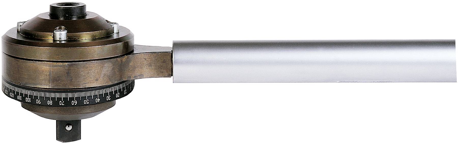 Manual pipe bender, consisting of a handle and a scale for measuring the bending angle, ideal for precise pipe deformation.