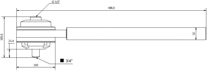 Technical drawing of a lever with precise measurements in millimetres. Length 488.5, width 32, detailed measurements around thread with 3/4 inch.