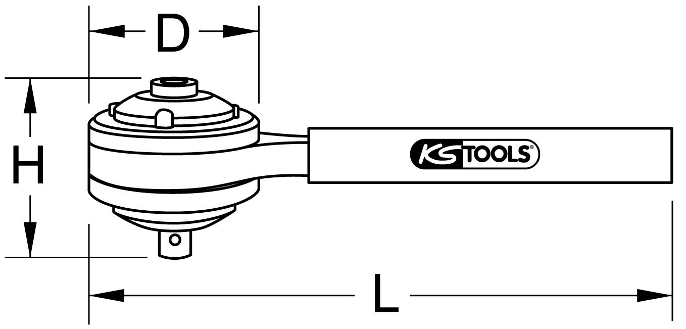 'KSTOOLS' logo on a ratchet with labels for height (H), diameter (D) and length (L).