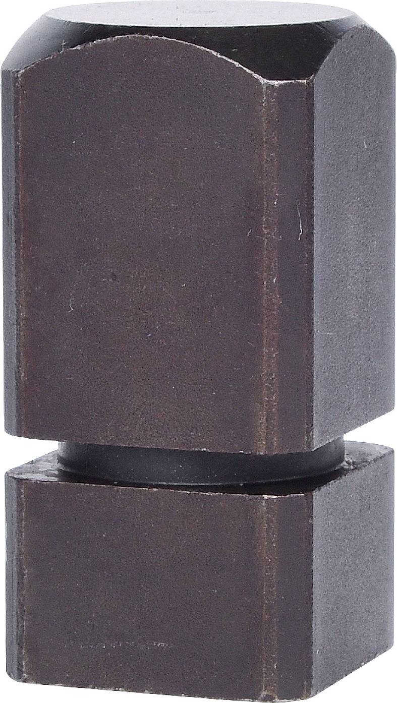 Grey-brown, hexagonal metal component with a circular base and rounded top, likely a machine element or tool part.