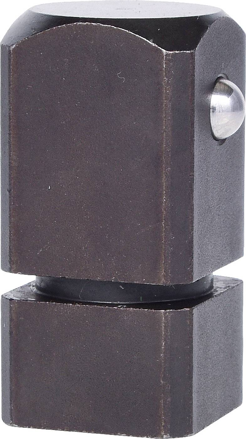 A metallic magnetic block with bevelled edges and a visible side ball bearing. Suitable for industrial applications.