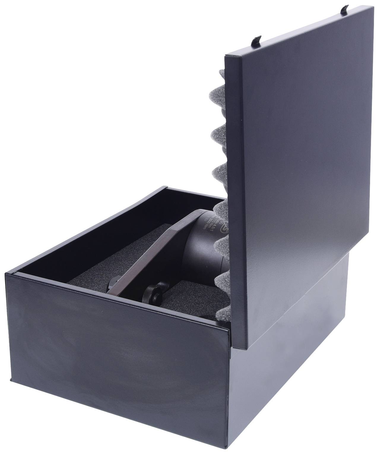 Black cardboard box with removable lid, lined with foam, for protecting delicate items.