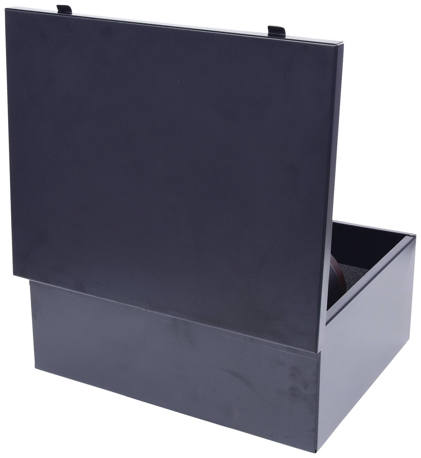 A black, open box that may potentially be used for presenting objects.